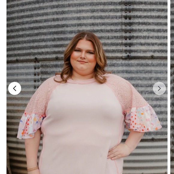 190. NWT easel Pink Ribbed Knit Top with Lace Shoulders and Floral Sleeves - Picture 5 of 5